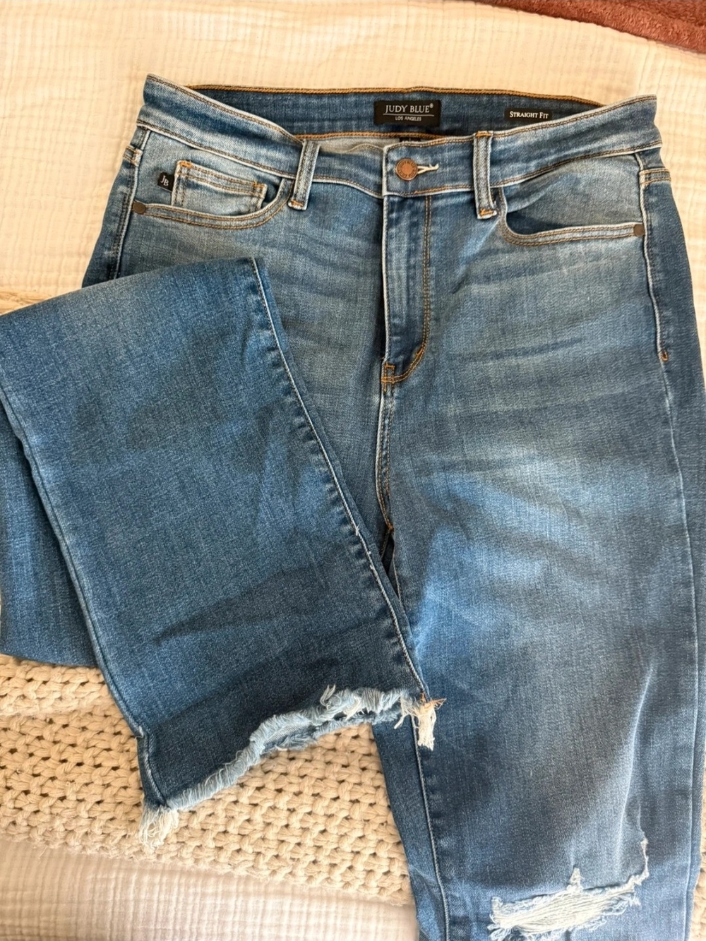 Judy Blue Medium Blue Straight Leg Jeans with Raw Hem